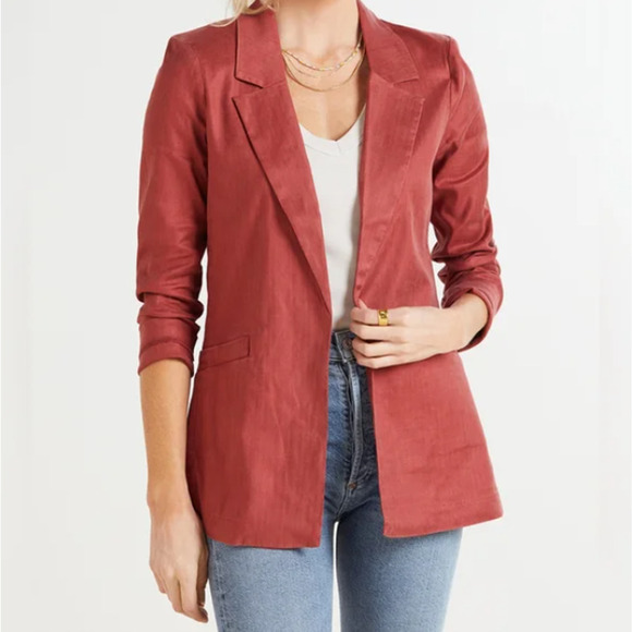 Level 99 Rachel Linen Blend Blazer Jacket Rose Pink Open Front Stretch Size S - Picture 1 of 12